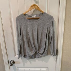 On The Road Gray Knot Front Long Sleeve Top Petite Small Stretch